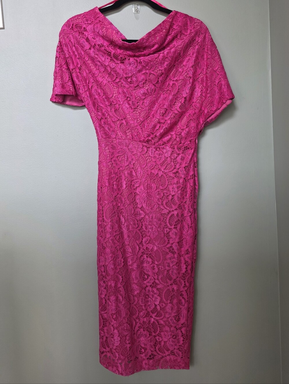Alexia Admor Tayla Draped Off-Shoulder Asymmetrical Lace Midi Dress Pink Xs Euc — image 3 of 8